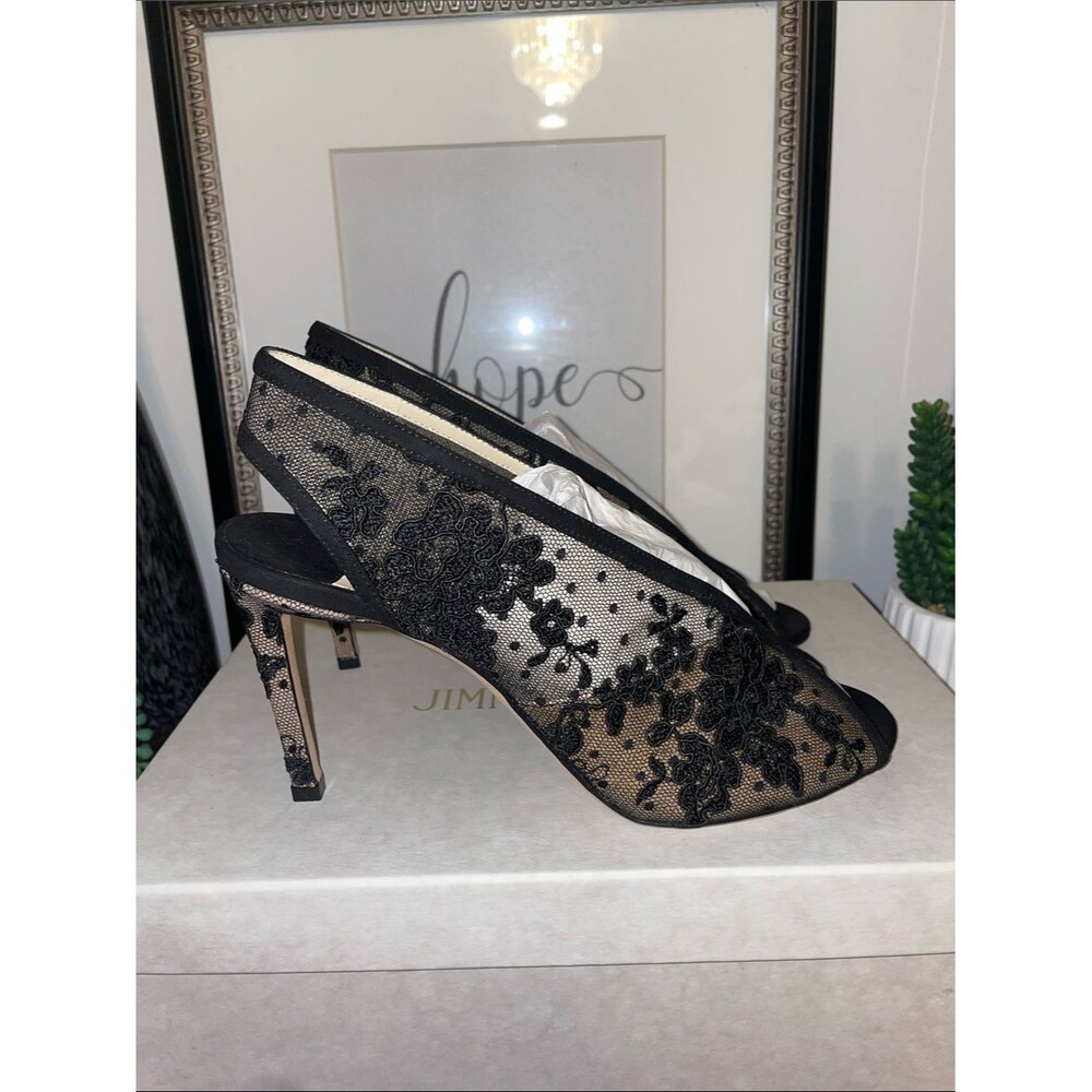 Jimmy Choo Shar 85 Black Floral Lace Peep-Toe Heels Size US 9 / EU 39 MSRP $1200 - Picture 9 of 16